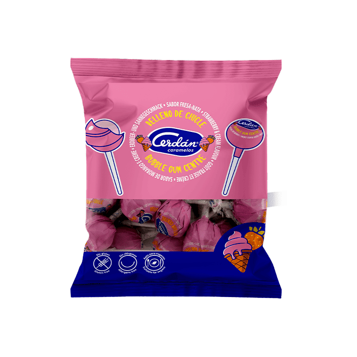 Sucette fraise et crème avec chewing-gum 15,5 g Cerdán Caramelos - Distribución Mayorista